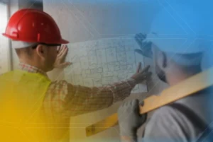 Profissionais observando um mapa de concretagem, essencial para o planejamento preciso de obras.