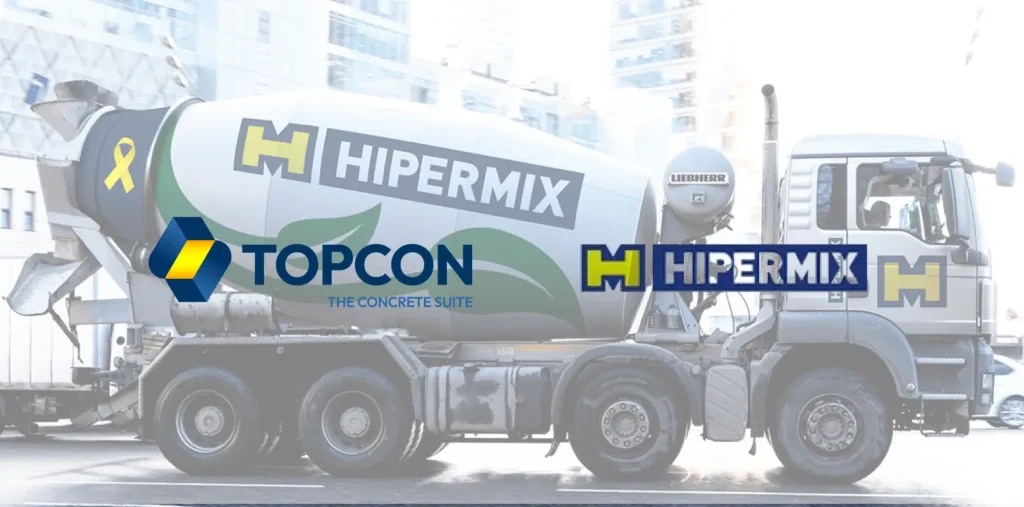 The image shows a Hipermix concrete mixer, which increased its productivity with Topcon.