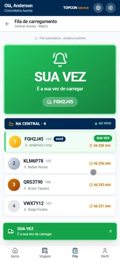 Aviso de liberação para carregamento no TopconDRIVER indicando que chegou a vez do motorista