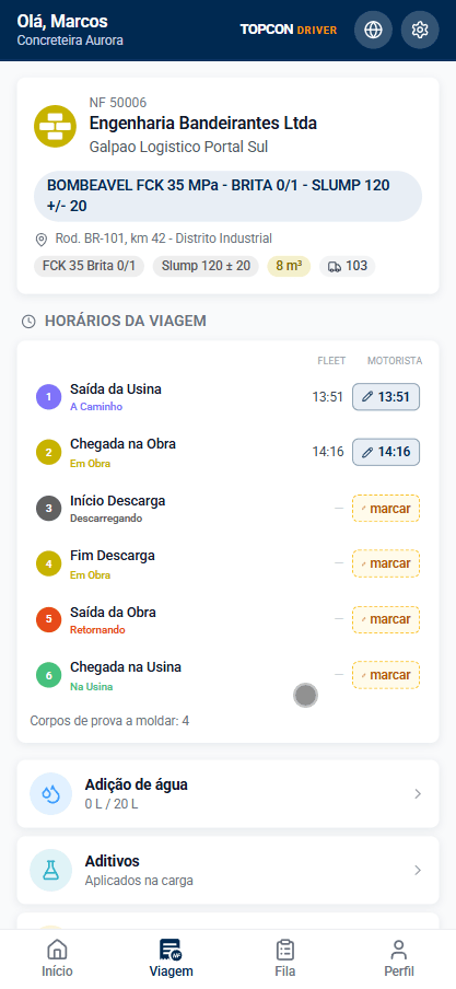 Tela de viagem ativa do TopconDRIVER com cliente, obra, produto, volume e horários da entrega