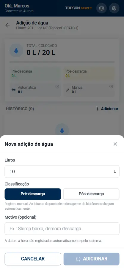 Tela do TopconDRIVER para registro da quantidade de água adicionada à carga de concreto