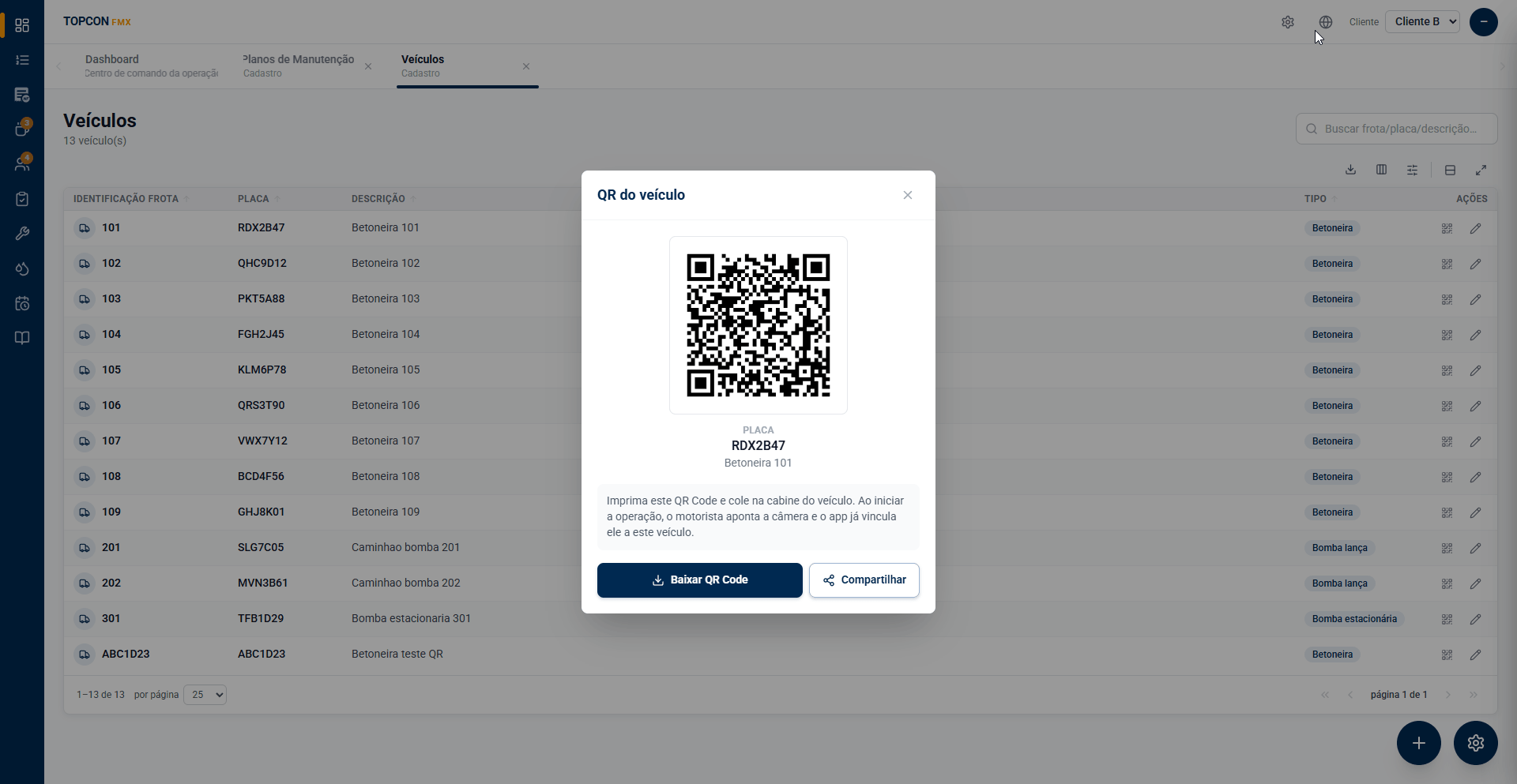 Tela de veículos do TopconFMX com lista da frota e QR Code para vínculo do veículo ao aplicativo TopconDRIVER