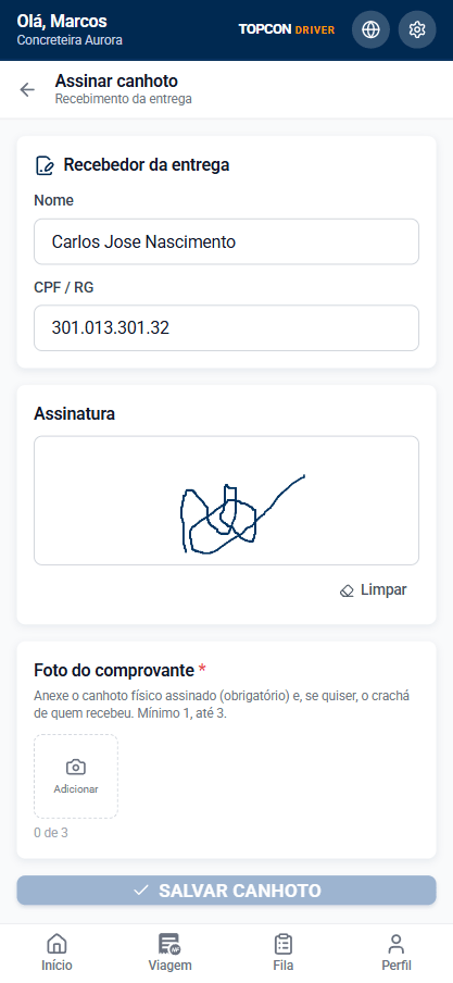 Tela do TopconDRIVER para assinatura e registro digital do canhoto de entrega