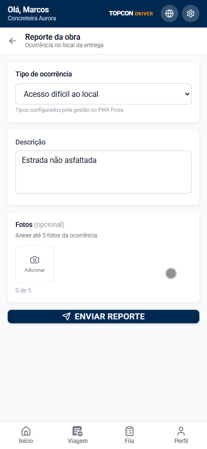 Tela de relatório de obra do TopconDRIVER para registrar ocorrências, descrição e fotos da entrega