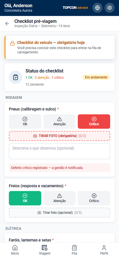Tela de checklist do veículo no TopconDRIVER com itens de inspeção antes da viagem