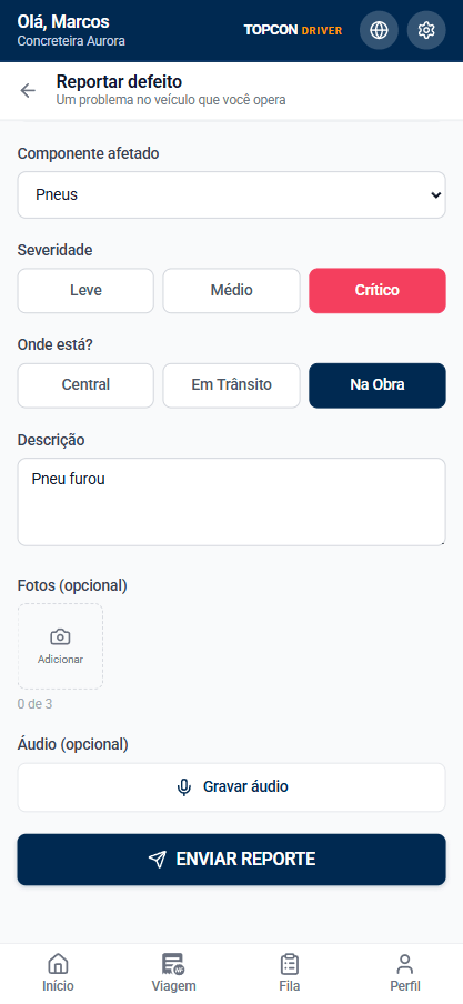Tela do TopconDRIVER para reportar defeito do veículo com severidade, descrição, foto e áudio