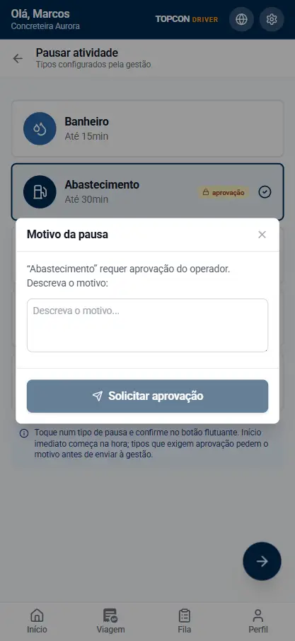 Tela do TopconDRIVER para registrar pausas do motorista com tipo, duração e motivo