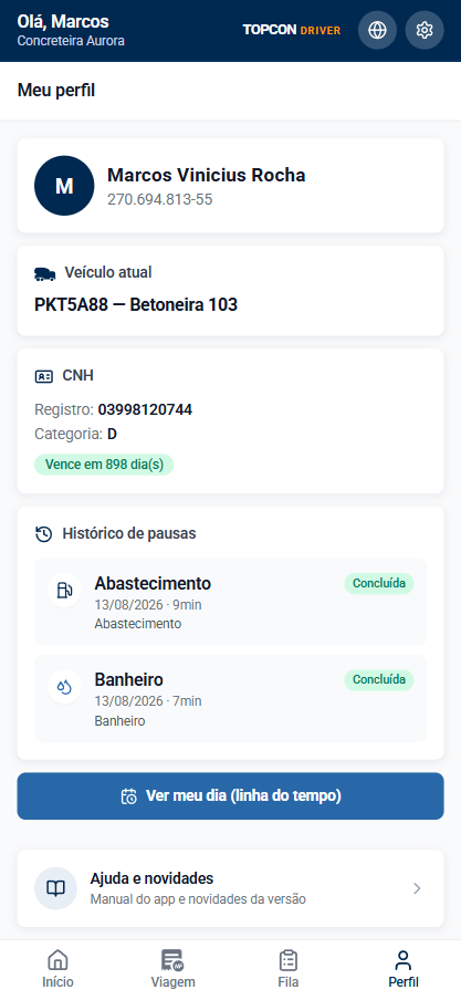Tela de perfil do TopconDRIVER com veículo atual, histórico de pausas, ajuda e novidades do aplicativo